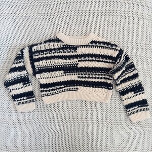 ZARA Black & Ecru Girl's Striped Cropped Sweater Size 8-9